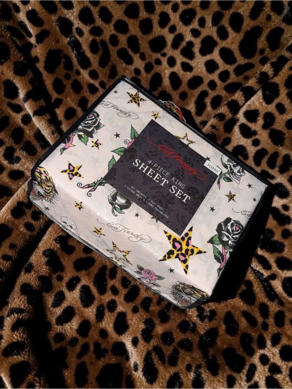 Ed Hardy White Sheet Set with Leopard Star & Rose Print